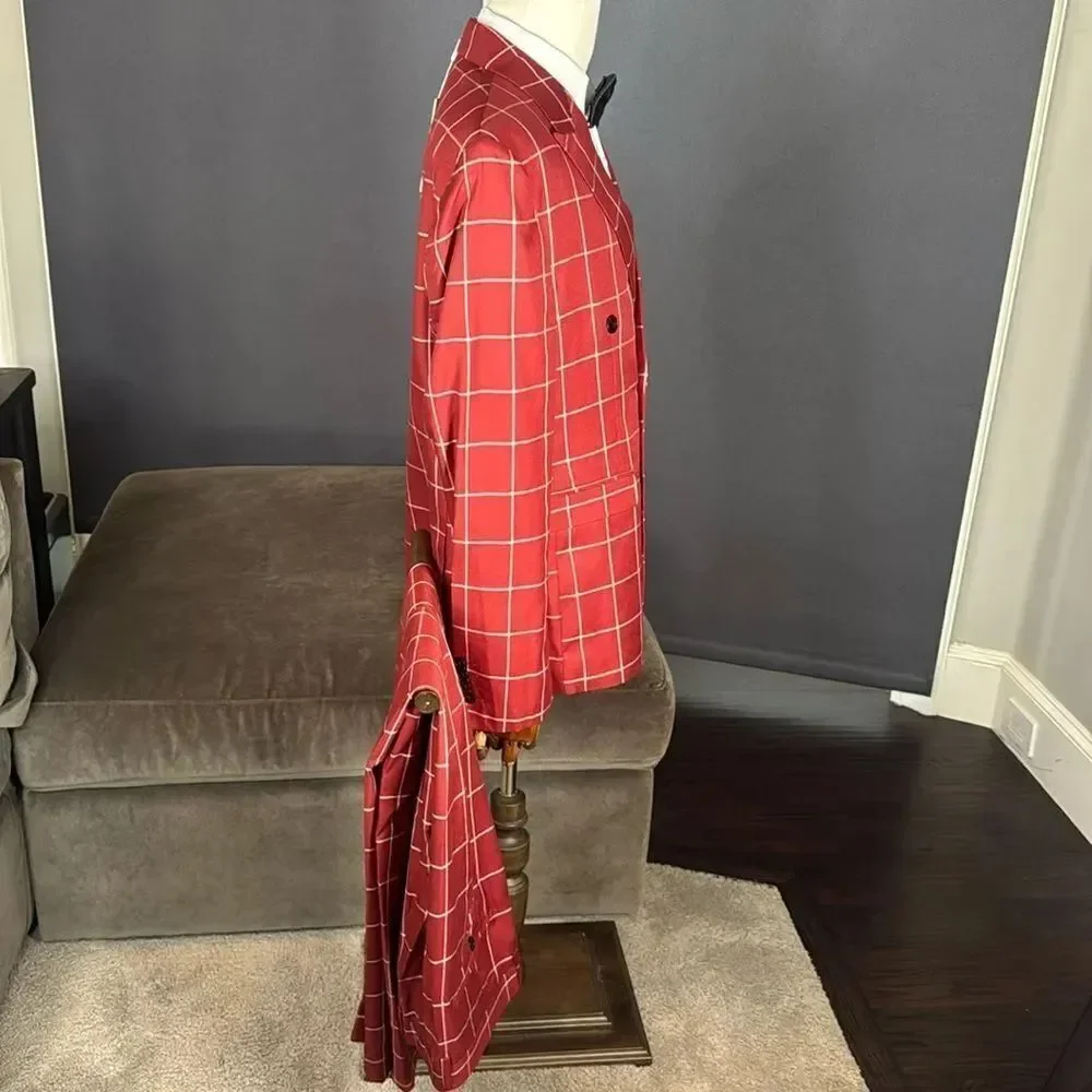 Men’s Check Plaid 3 Piece Suit Double Breasted Peak Lapel 42 Jacket 38 Pants NEW